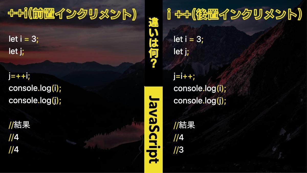違いは何？JavaScript  ++i(前置インクリメント)let i = 3;
let j;

j=++i;
console.log(i);
console.log(j);

//結