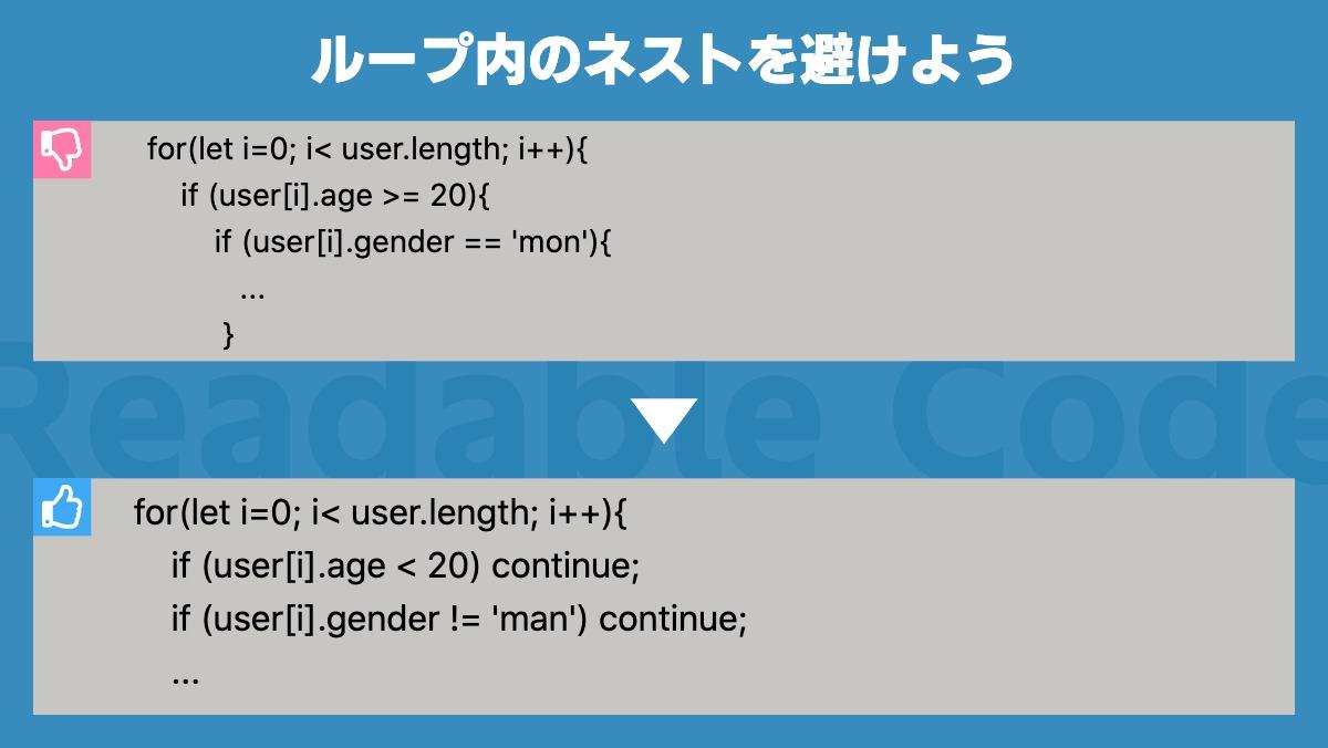 ループ内のネストを避けようfor(let i=0; i< user.length; i++){
    if (user[i].age >= 20){
        if (user[i].ge