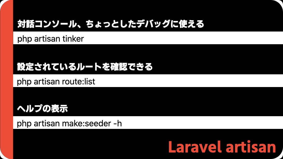 Laravel artisan対話コンソール、ちょっとしたデバッグに使えるphp artisan tinker設定されているルートを確認できるphp artisan route:listヘルプの表示p