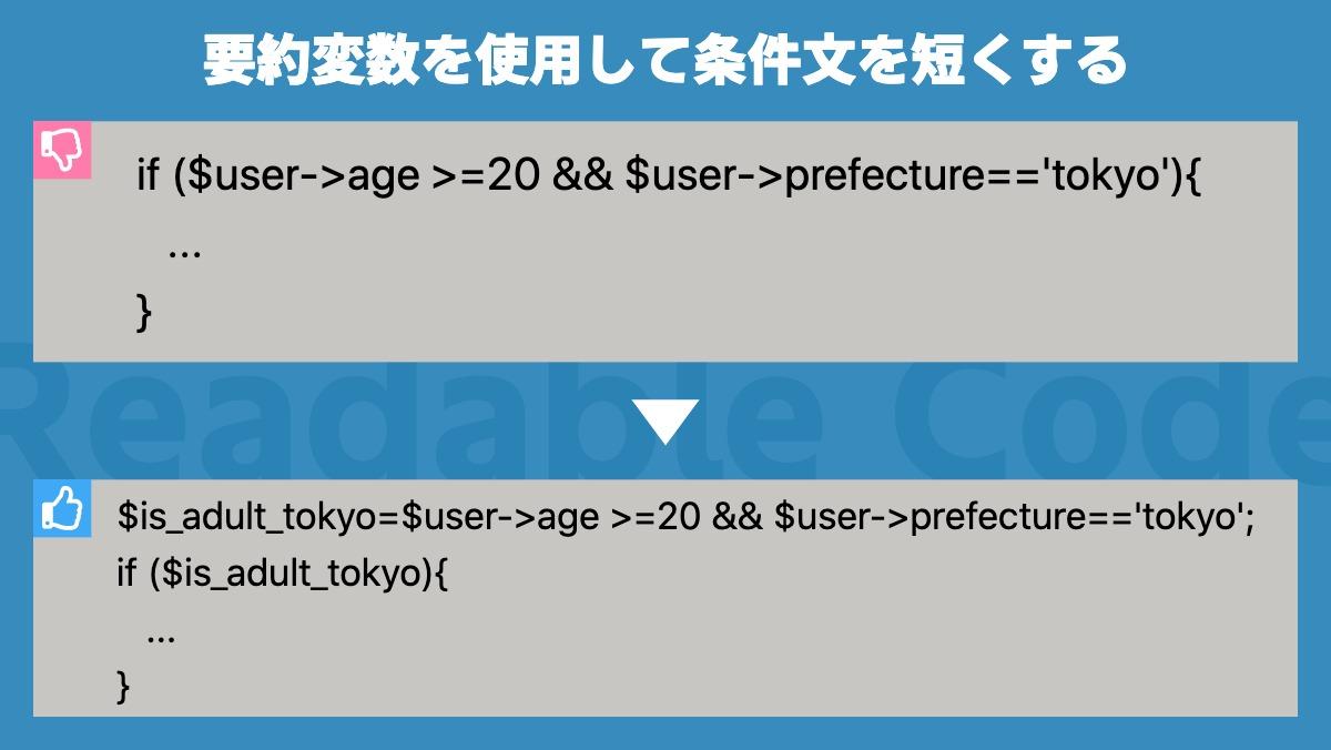 要約変数を使用して条件文を短くするif ($user->age >=20 && $user->prefecture=='tokyo'){
   ...
}
Readable Code$is_ad