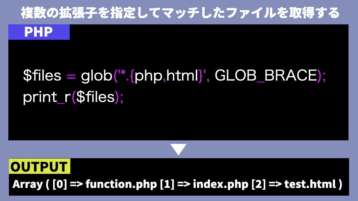 複数の拡張子を指定してマッチしたファイルを取得するPHP$files = glob('*.{php,html}', GLOB_BRACE);
print_r($files);OUTPUTArray 