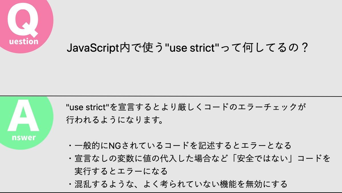 JavaScript内で使う"use strict"って何してるの？"use strict"を宣言するとより厳しくコードのエラーチェックが
行われるようになります。

・一般的にNGされているコ