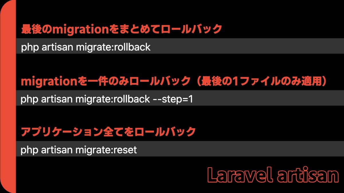 最後のmigrationをまとめてロールバックphp artisan migrate:rollbackmigrationを一件のみロールバック（最後の1ファイルのみ適用）php artisan mig