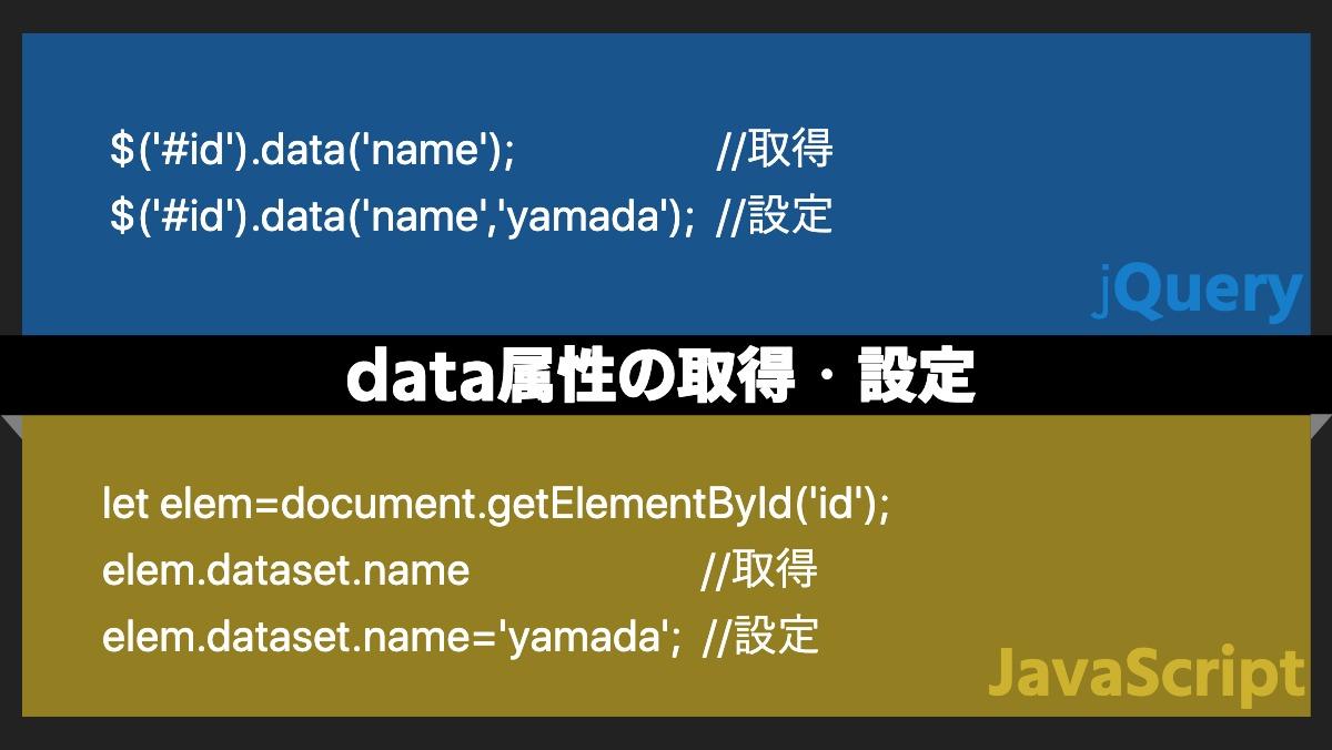 $('#id').data('name');　　　　  //取得
$('#id').data('name','yamada');  //設定jQuerydata属性の取得・設定let elem=do